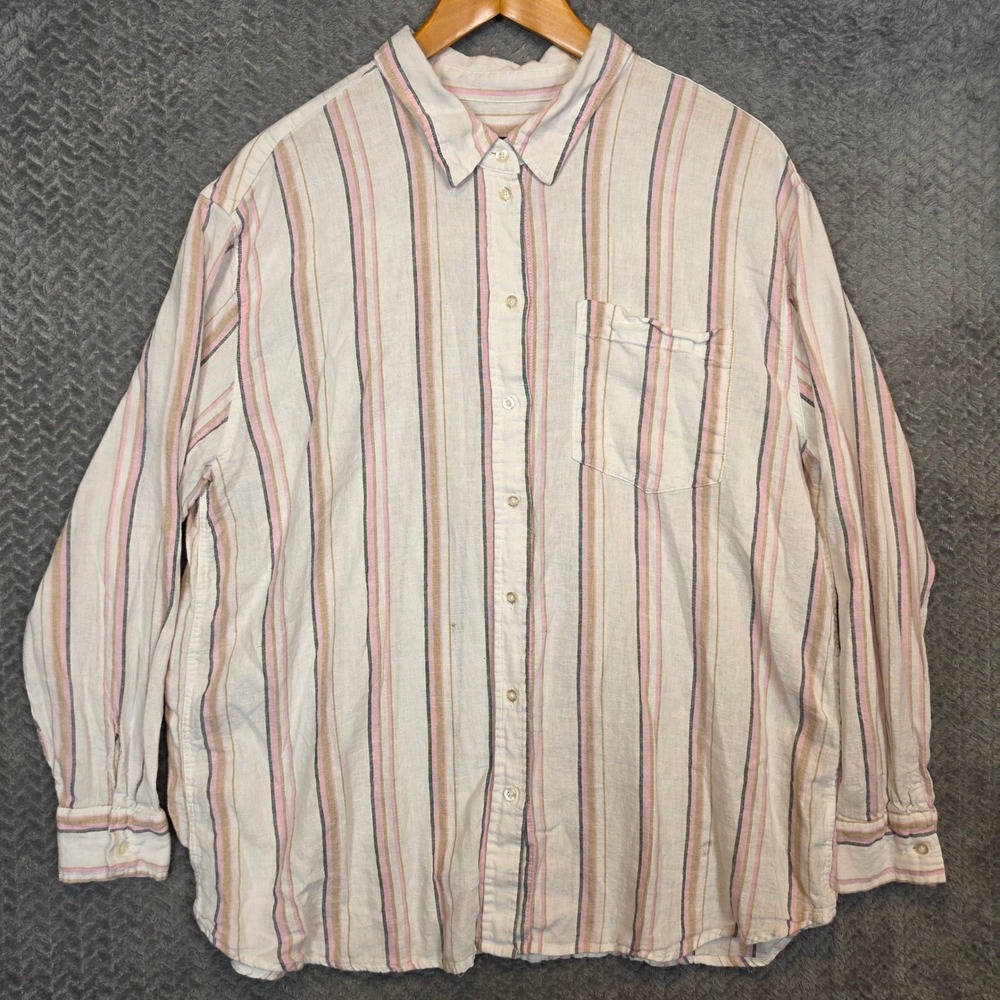 GAP Womens XL Linen Blend Striped Button Down Shirt Pink Tan Cream Long Sleeve